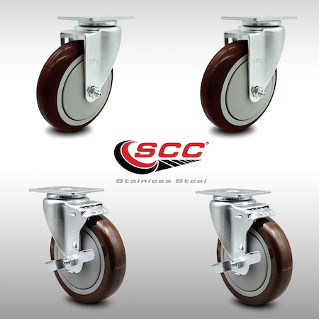 Service Caster 5 Inch SS Maroon Polyurethane Swivel Top Plate Caster Set with 2 Brakes SCC SCC-SS20S514-PPUB-MRN-2-TLB-2